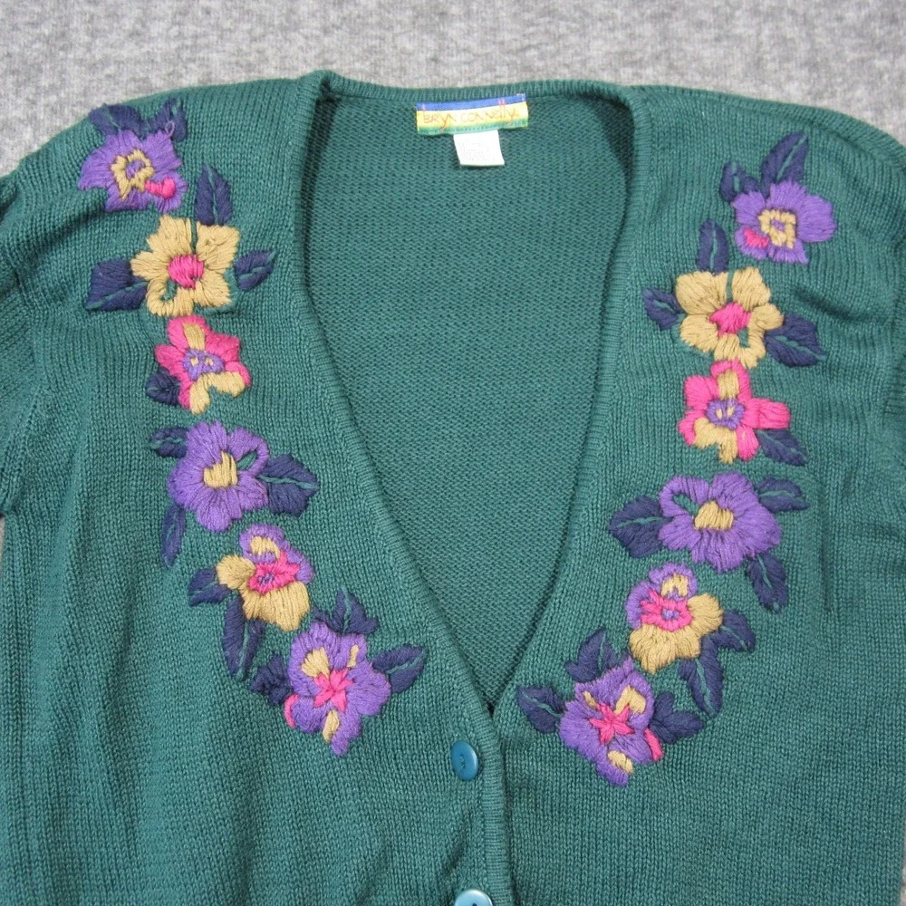 Vtg Bryn Connelly Cardigan S Green Floral Embroidered Grandma Cottage Spring - Picture 6 of 10